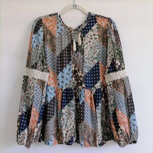 Cleo + Wolf Womens Multicolor Tasseled Patchwork Boho Peasant Blouse Top Size L